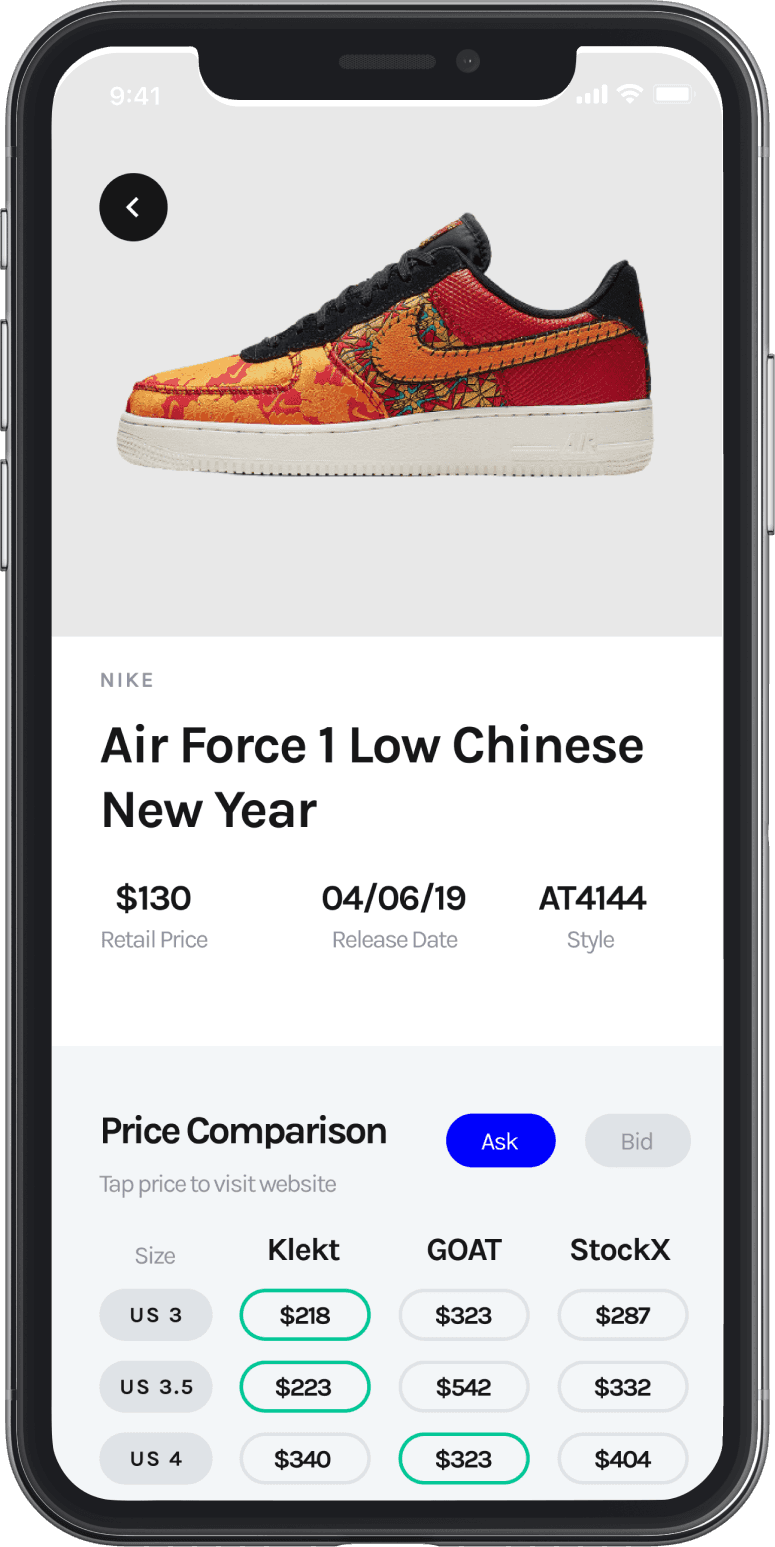 Price comparison screen of the CopDeck iOS app comparing sneaker prices across Klekt, Restocks, and StockX