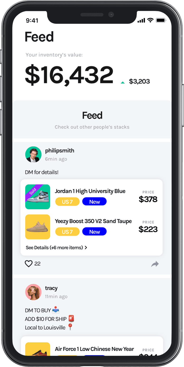 The social feed screen of the CopDeck iOS app where users share their sneaker inventory.