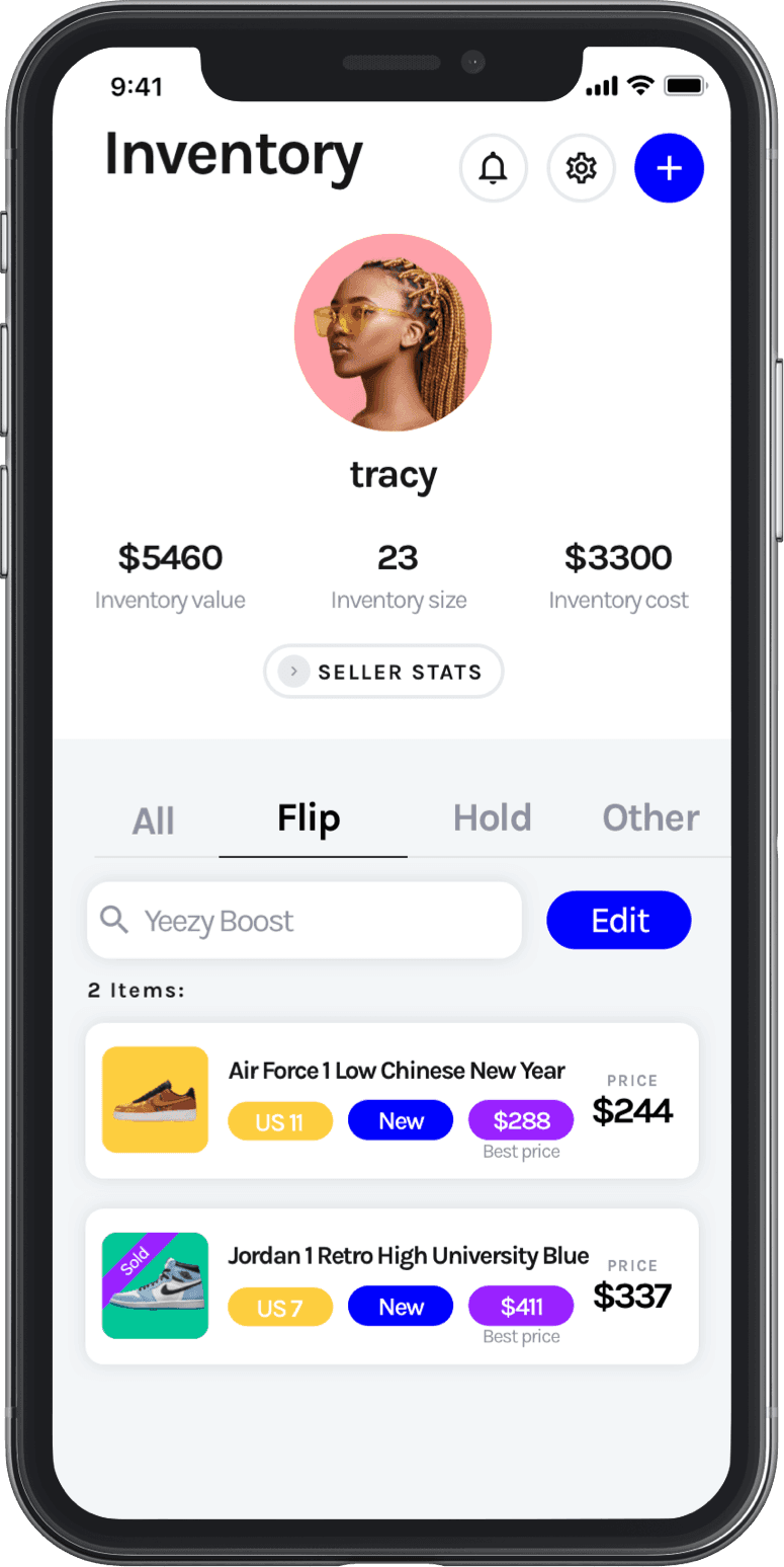 Sneaker inventory management screen of the CopDeck iOS app tracking inventory size, value, and cost.