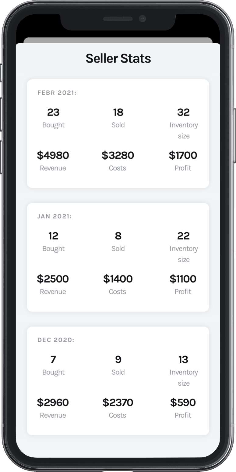 Sneaker reselling statistics feature of the CopDeck iOS app tracking monthly spendings and profits.