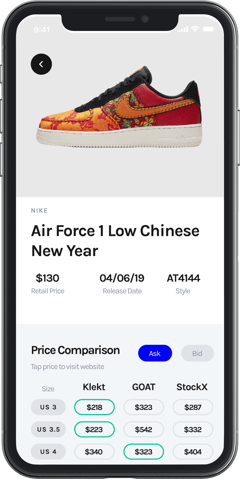 Price comparison screen of the CopDeck iOS app comparing sneaker prices across Klekt, Restocks, and StockX.