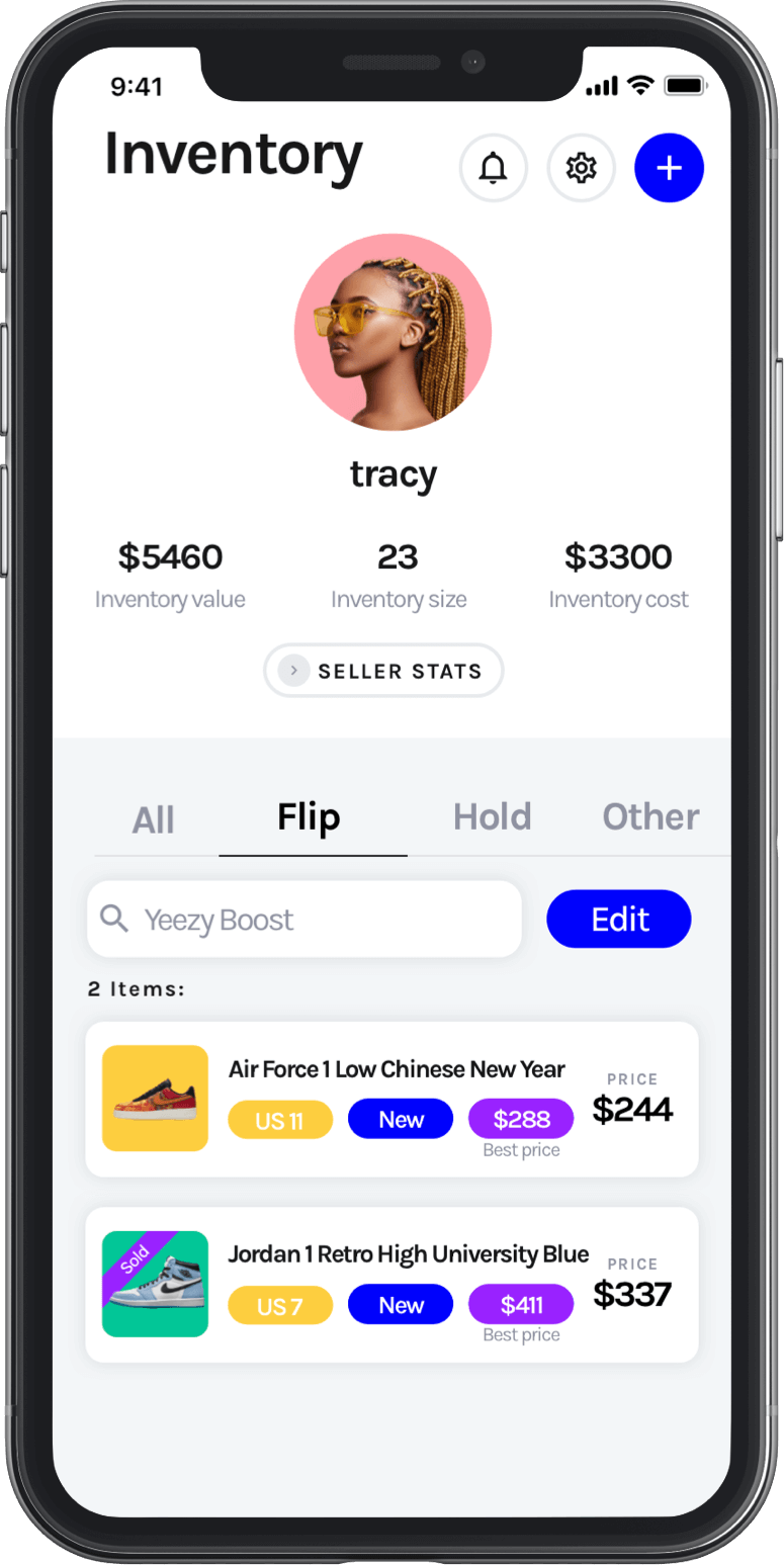 Sneaker inventory management screen of the CopDeck iOS app tracking inventory size, value, and cost.