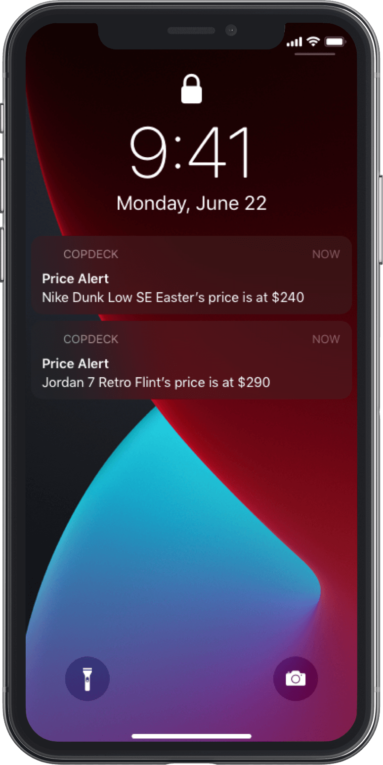 Preview of the CopDeck iOS app sending sneaker price alerts in the notification center.