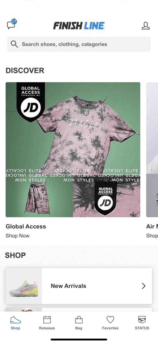 Shop screen of the Finish Line app showing the latest clothing and sneaker releases.