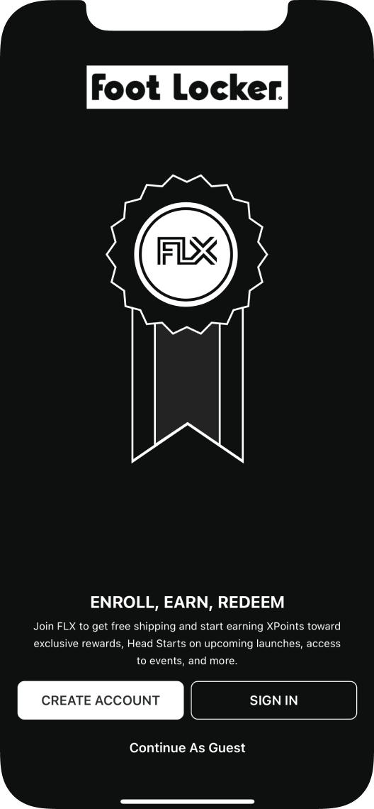 Login screen of the Foot Locker app promoting the FLX membership.