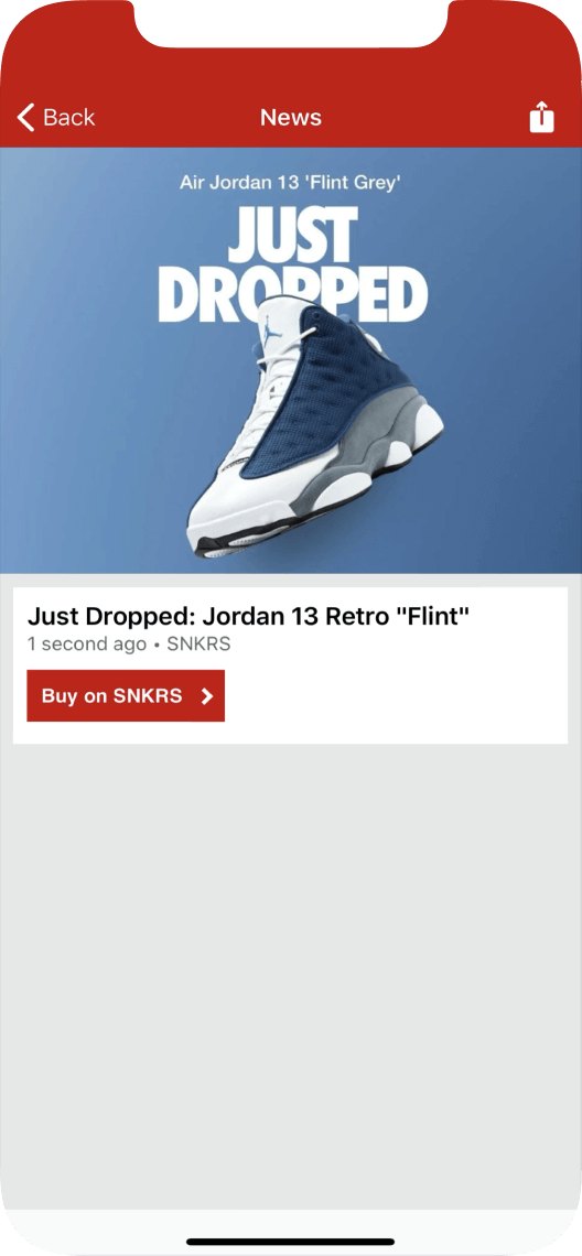 Notification feature of the J23 app notifying users of the latest sneaker drops.
