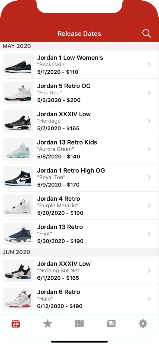 Sneaker calendar screen of the J23 app showcasing the upcoming sneaker releases.