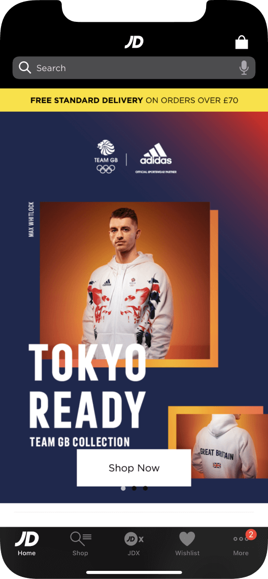 Home screen of the JD app promoting the Tokyo Olympics x Adidas clothing collection.