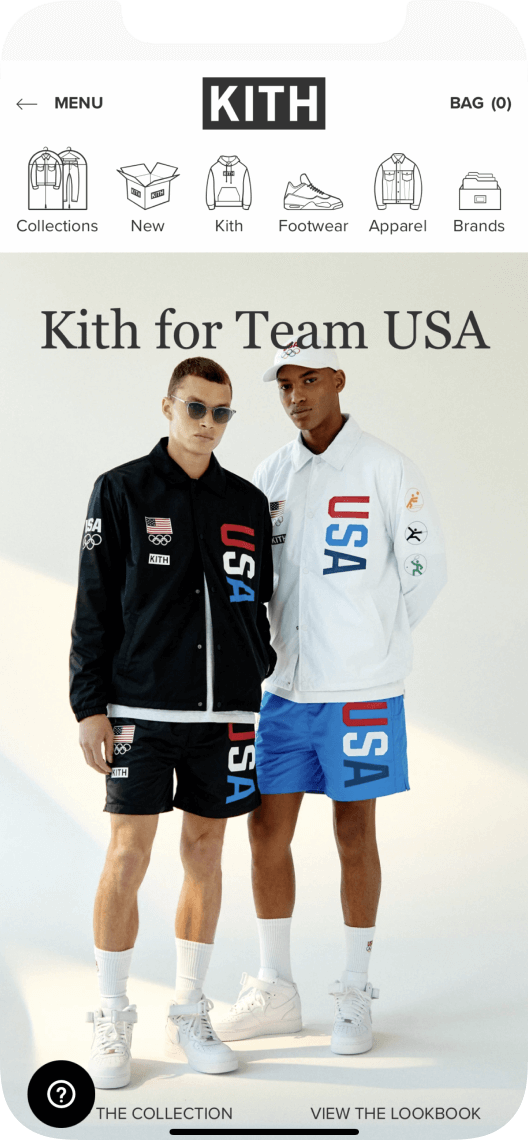 Home screen of the KITH app promoting the latest KITH Team USA Olympics clothing line.