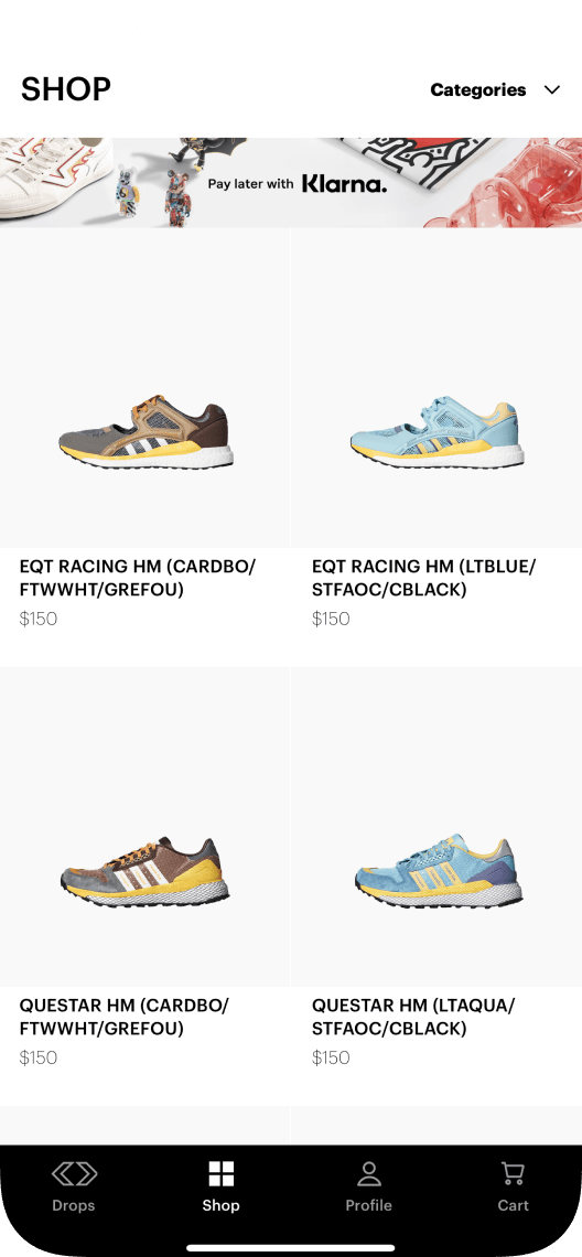 Shop screen of the NTWRK app where users can buy currently in-stock sneakers.