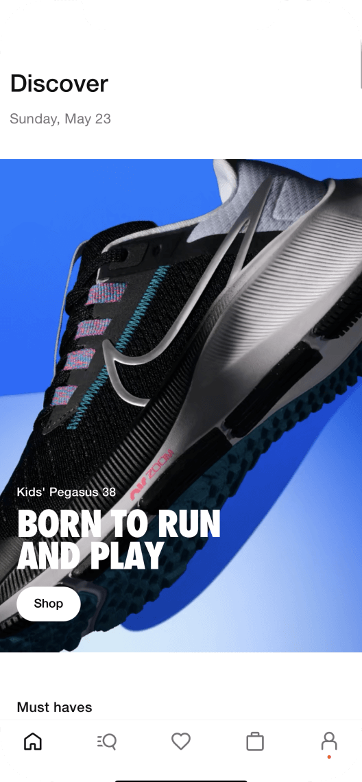 Home Screen of the Nike app showcasing the newest Nike products.