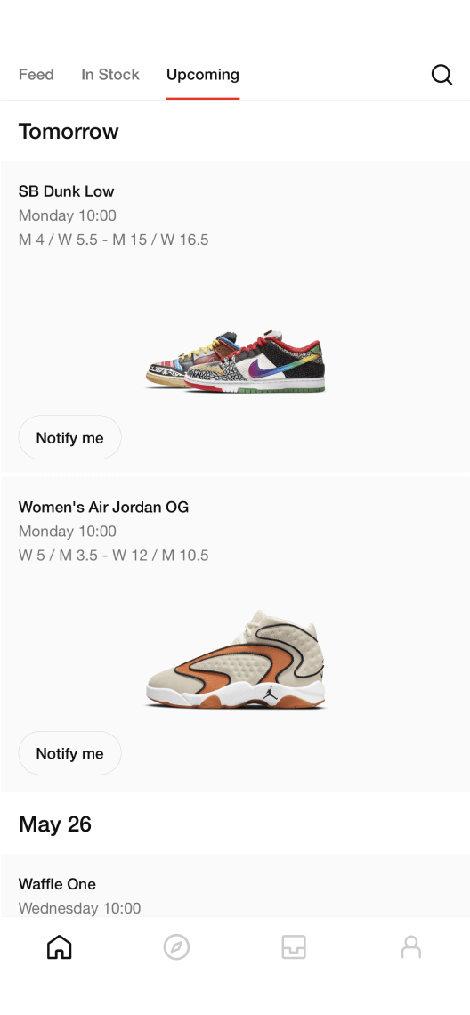 The upcoming section of the SNKRS app featuring the most coveted sneaker releases.