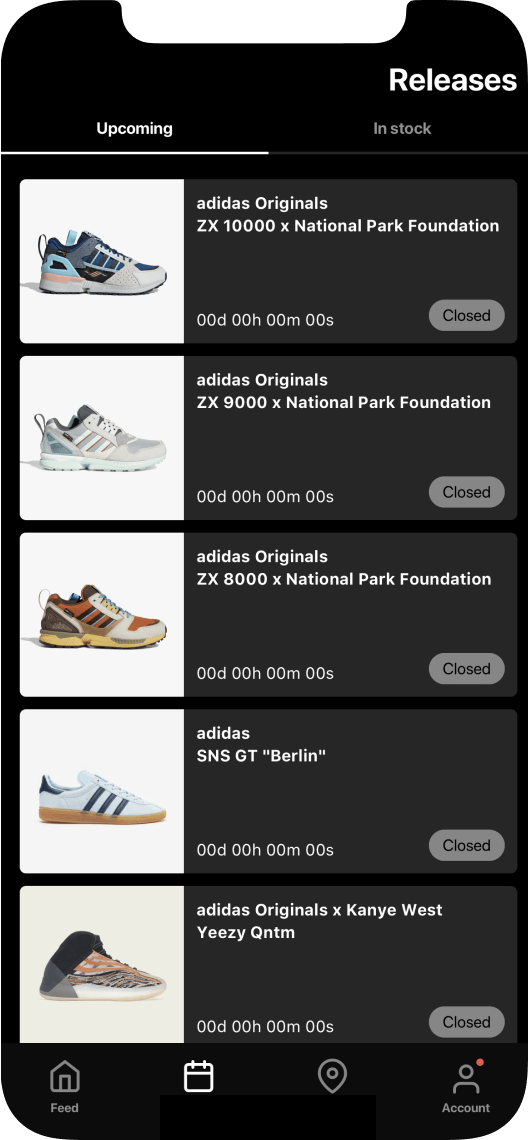 Sneaker release calendar of the SNS app where users can enter raffles.