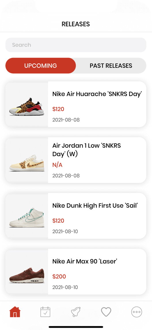 Upcoming releases tab of the SoleLinks app showcasing upcoming sneaker releases.