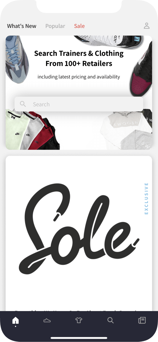 Home screen of the Sole Supplier app where users can search for any sneaker.